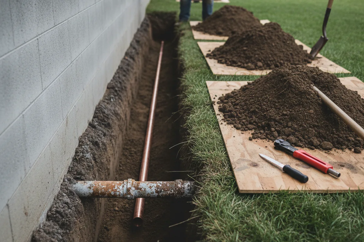 Excavated water line trench during Sewer Line Repair in Hood